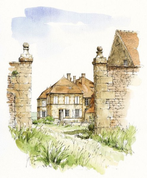 Экуанский замок, Франция акварель