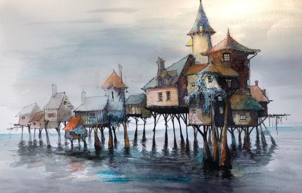 Сказочный пейзаж акварелью