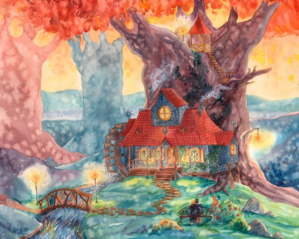Сказочный домик акварелью