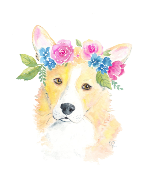 Собака с цветами акварель