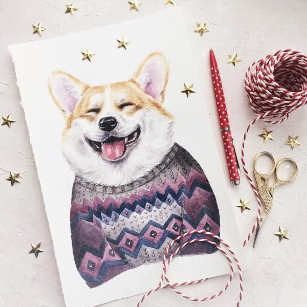 Корги арт акварель