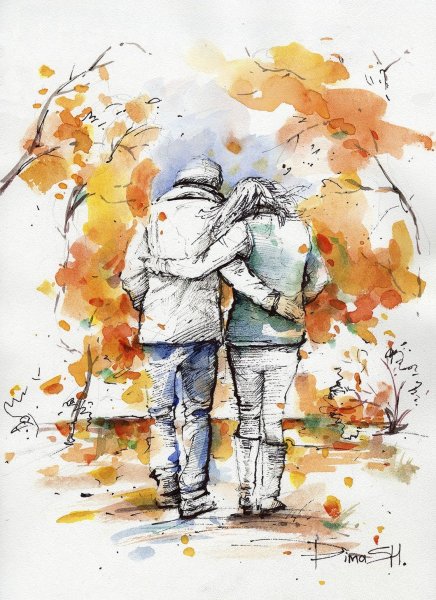 Влюбленные акварель