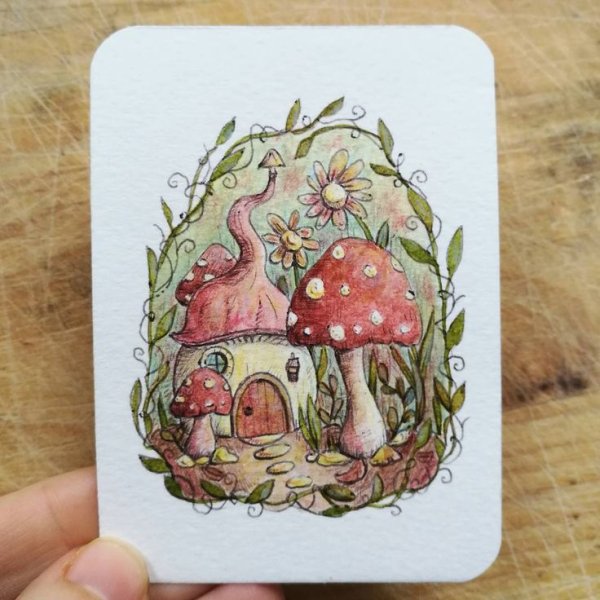 Акварельные домики грибы