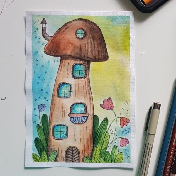 Рисование сказочный дом гриб