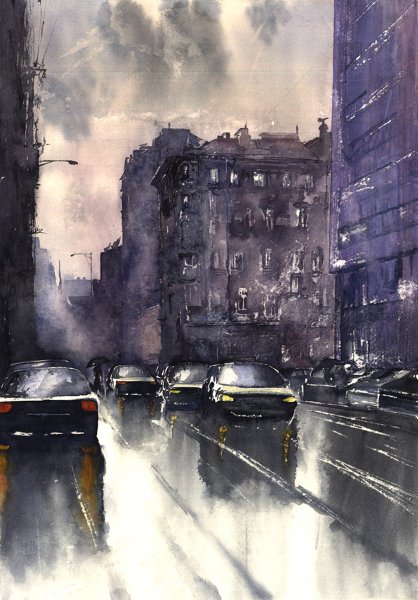 Ночной город акварелью