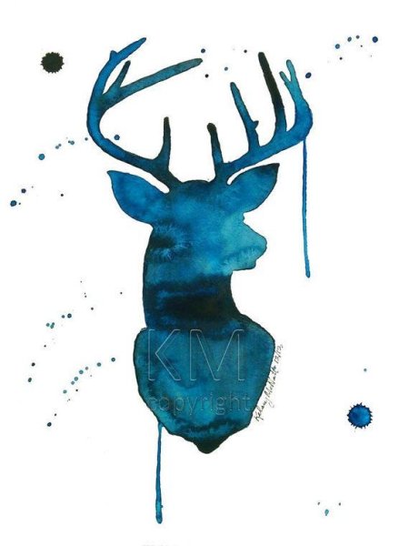 Силуэт оленя акварелью