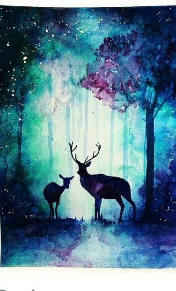 Олень в лесу гуашью