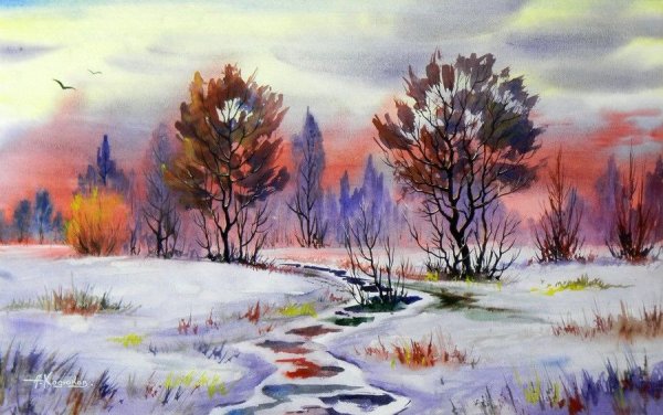 Ходюков зимний пейзаж акварель