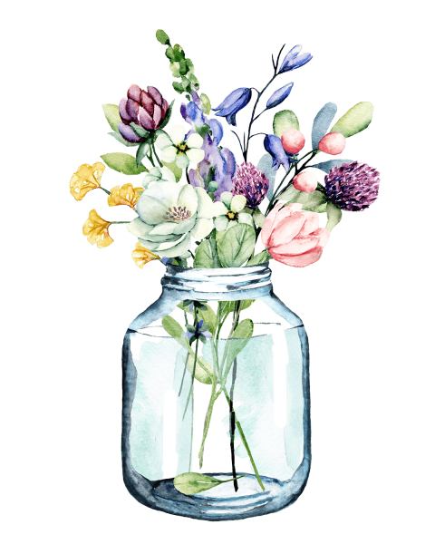 Стеклянная ваза с цветами акварелью