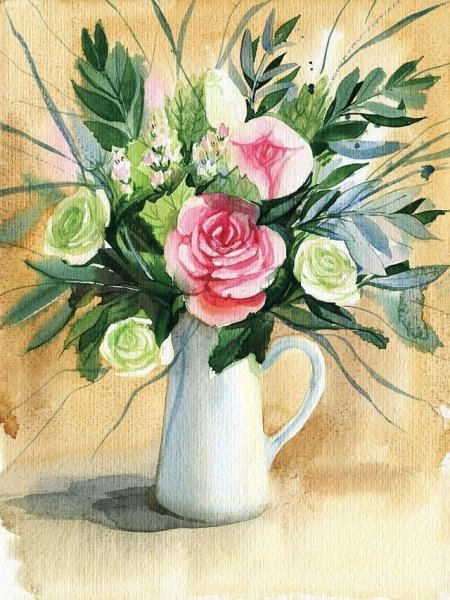 Букет цветов в вазе акварелью