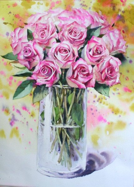 Цветы в вазе акварелью
