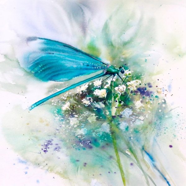 Стрекозы и бабочки Акварельная живопись