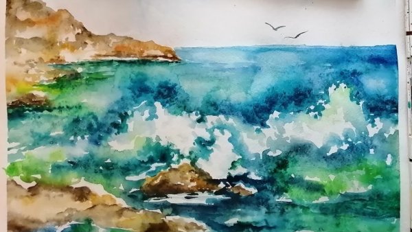 Море акварелью поэтапно