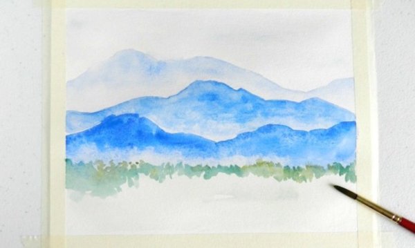 Пейзаж горный акварелью для детей легкие