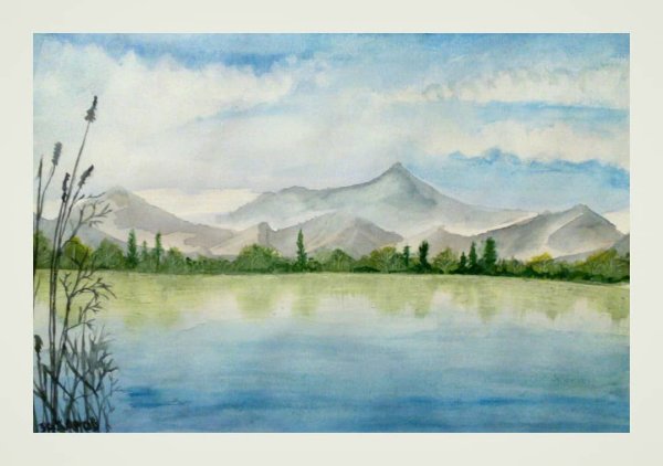 Озеро рисунок акварелью