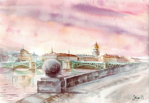 Стрелка Васильевского острова акварель