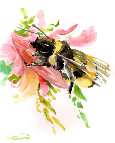 Пчела на цветке акварель
