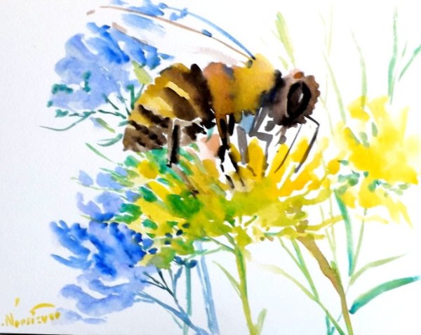 Пчела на одуванчике живопись