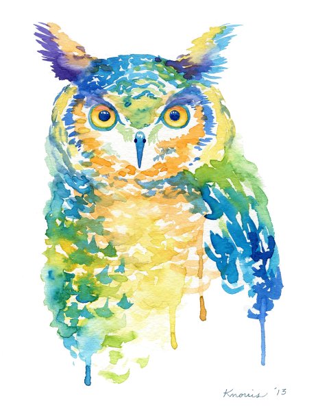 Сова акварельными карандашами