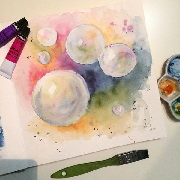 Мыльные пузыри акварелью