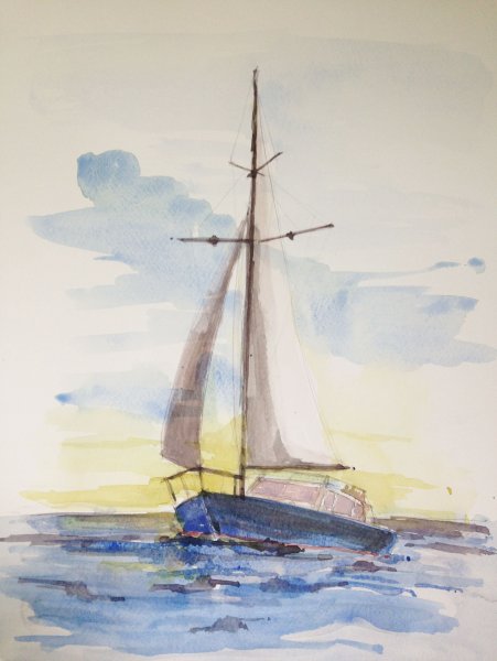 Корабль в море акварель