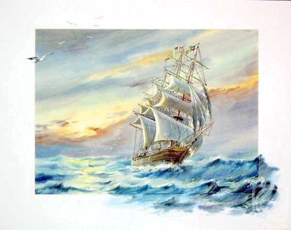 Морской пейзаж с кораблем акварелью