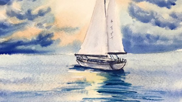 Кораблик в море акварель