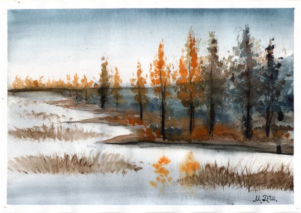 Пейзаж поздней осени акварель