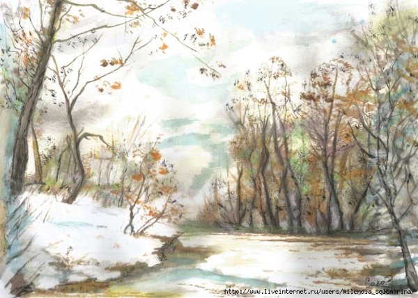 Пейзаж поздней осени акварель