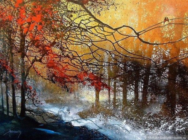 Хмурый осенний пейзаж акварелью