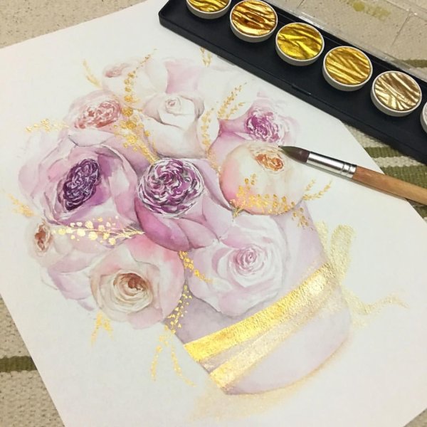 Акварельные цветы с поталью