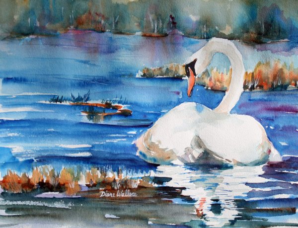 Лебеди живопись акварель