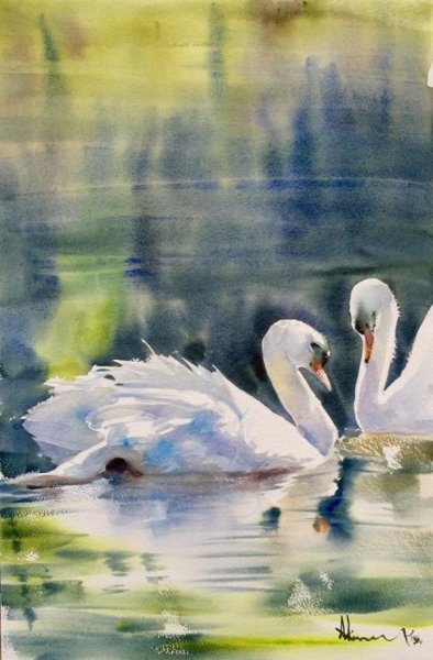 Лебеди акварелью