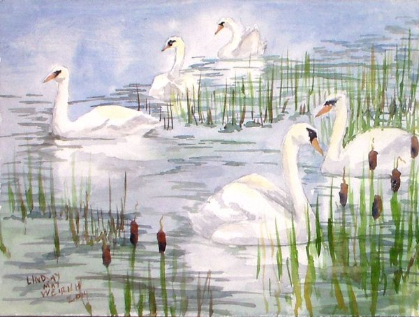 Пейзаж акварелью с лебедями