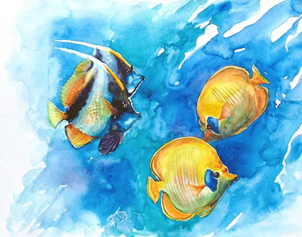Морские рыбки акварель