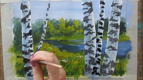 Рисование березы гуашью