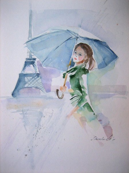 Девушка под зонтом акварель