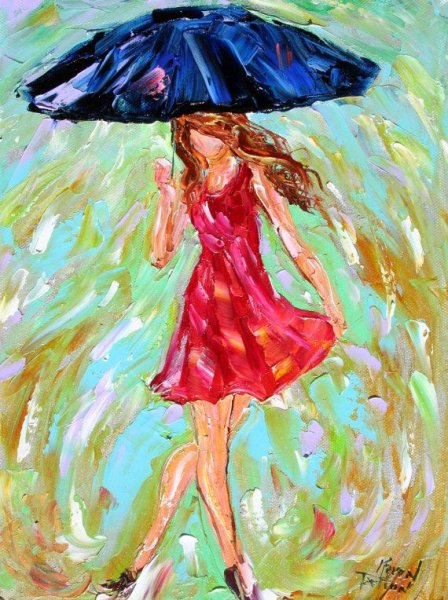 Девушка под дождем акварель