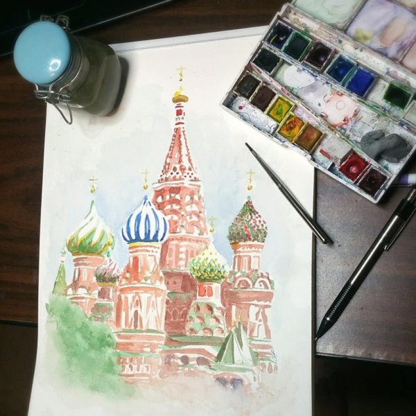 Храм Василия Блаженного акварель