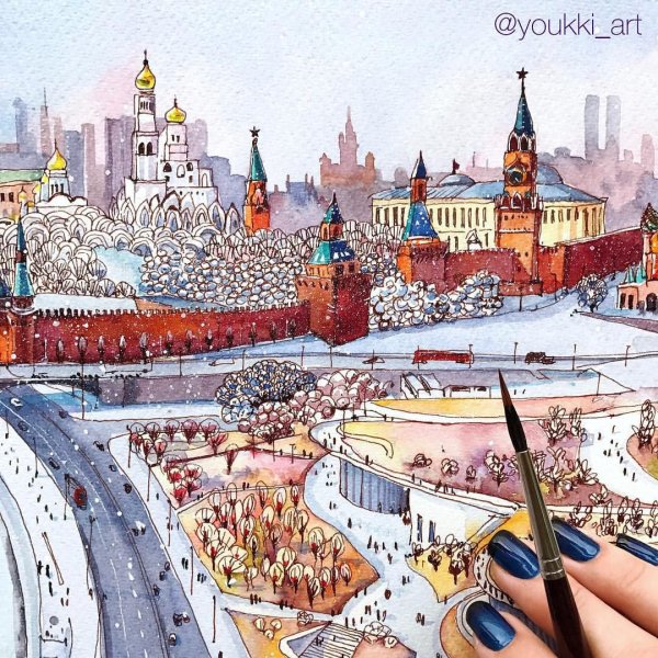 Кремль акварелью скетчинг Москва