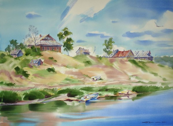 Этюд акварель пейзаж село деревня