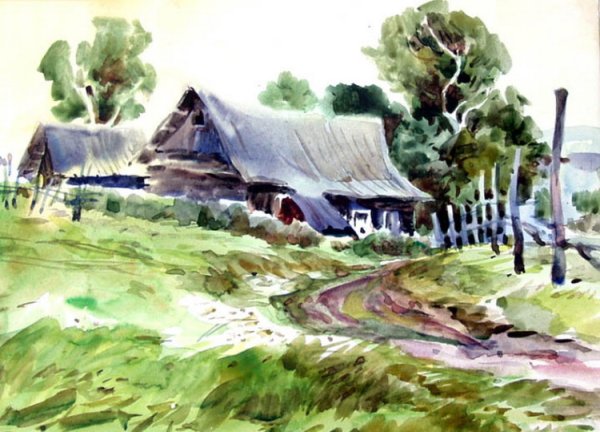 Пленер Этюд акварелью деревня