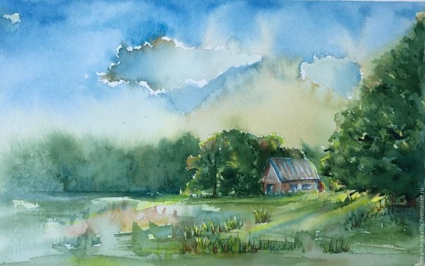 Пленер Этюд акварелью деревня