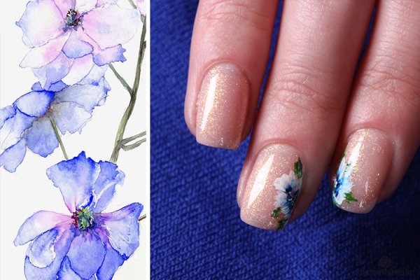 Маникюр цветы акварель на ногтях