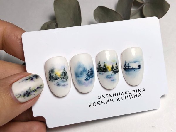 Пейзаж акварелью на ногтях