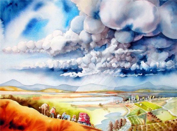 Кучевые облака акварелью