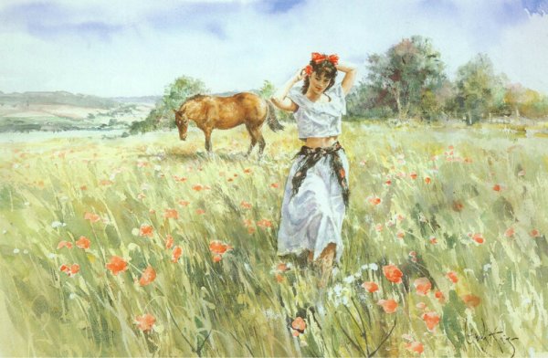 Живопись девушка в поле
