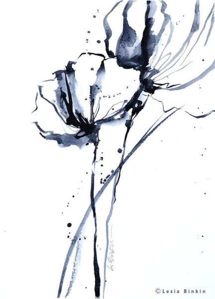 Акварельные цветы черно белые