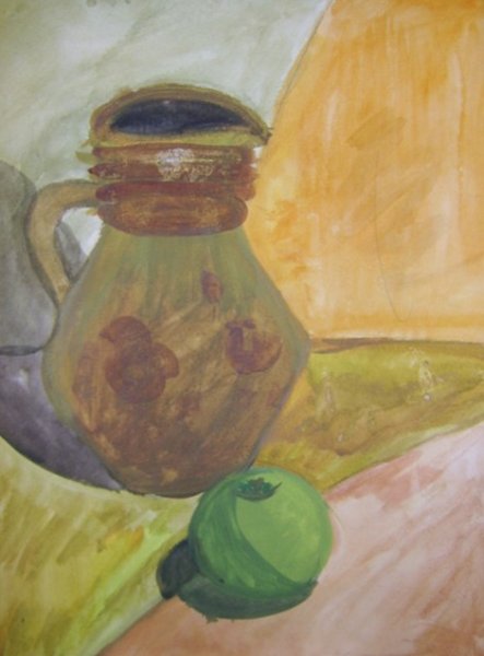 Кувшин с яблоком акварелью