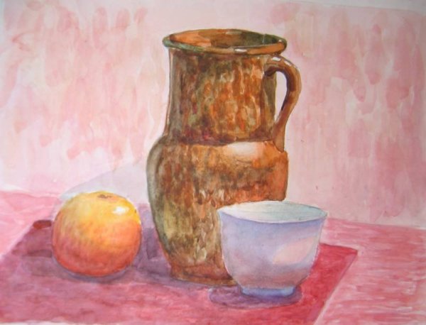 Натюрморт с кувшином и яблоком и чашкой